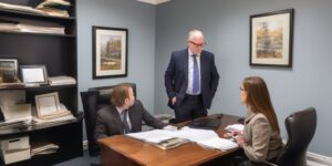 solicitor advising client in small office