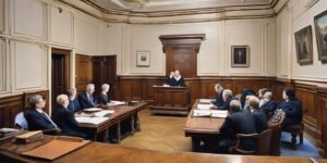 small claims court room with solicitors discussing