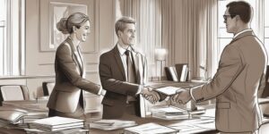 Businesswoman shaking hands with solicitor in office.