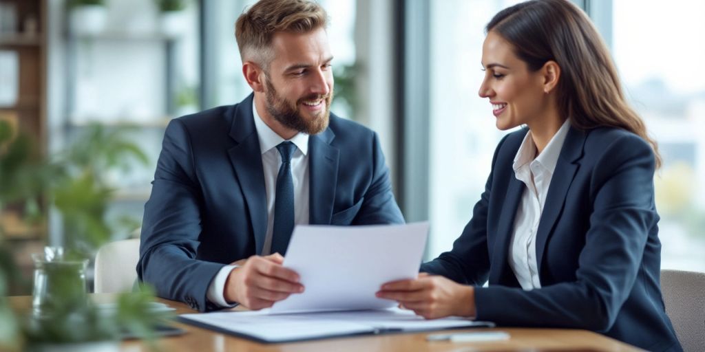 Solicitor advising client in a legal office.