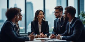 Business professionals discussing legal matters in a modern office.