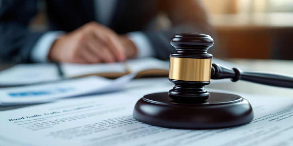 A gavel on a legal document in a courtroom.