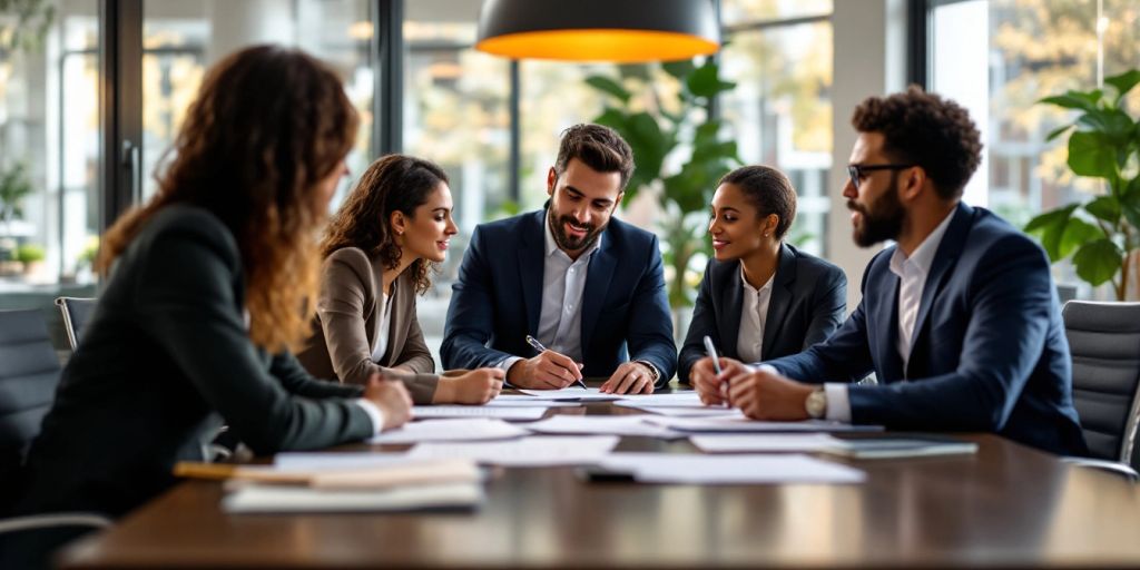 Diverse lawyers discussing in a modern office setting.