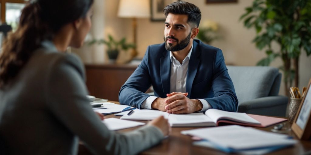 A lawyer consulting with a client in an office.