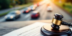 Gavel and legal document on a blurred road background.