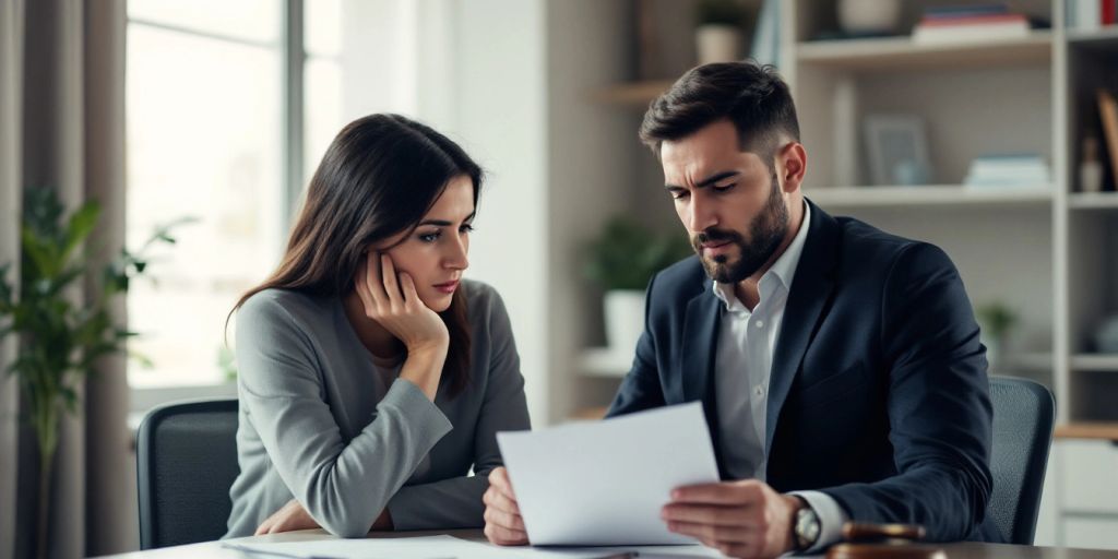 A lawyer consulting with a concerned client in an office.