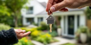 Hands holding a house key with a blurred home background.