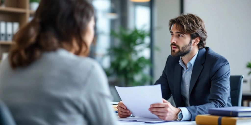 Immigration lawyer consulting client in modern office.