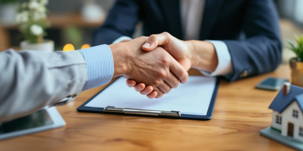 Homebuyer and solicitor handshake in a bright office.